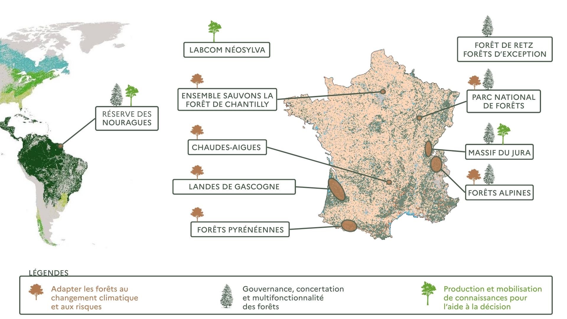 Carte des initiatives Living labs forestiers du PEPR FORESTT